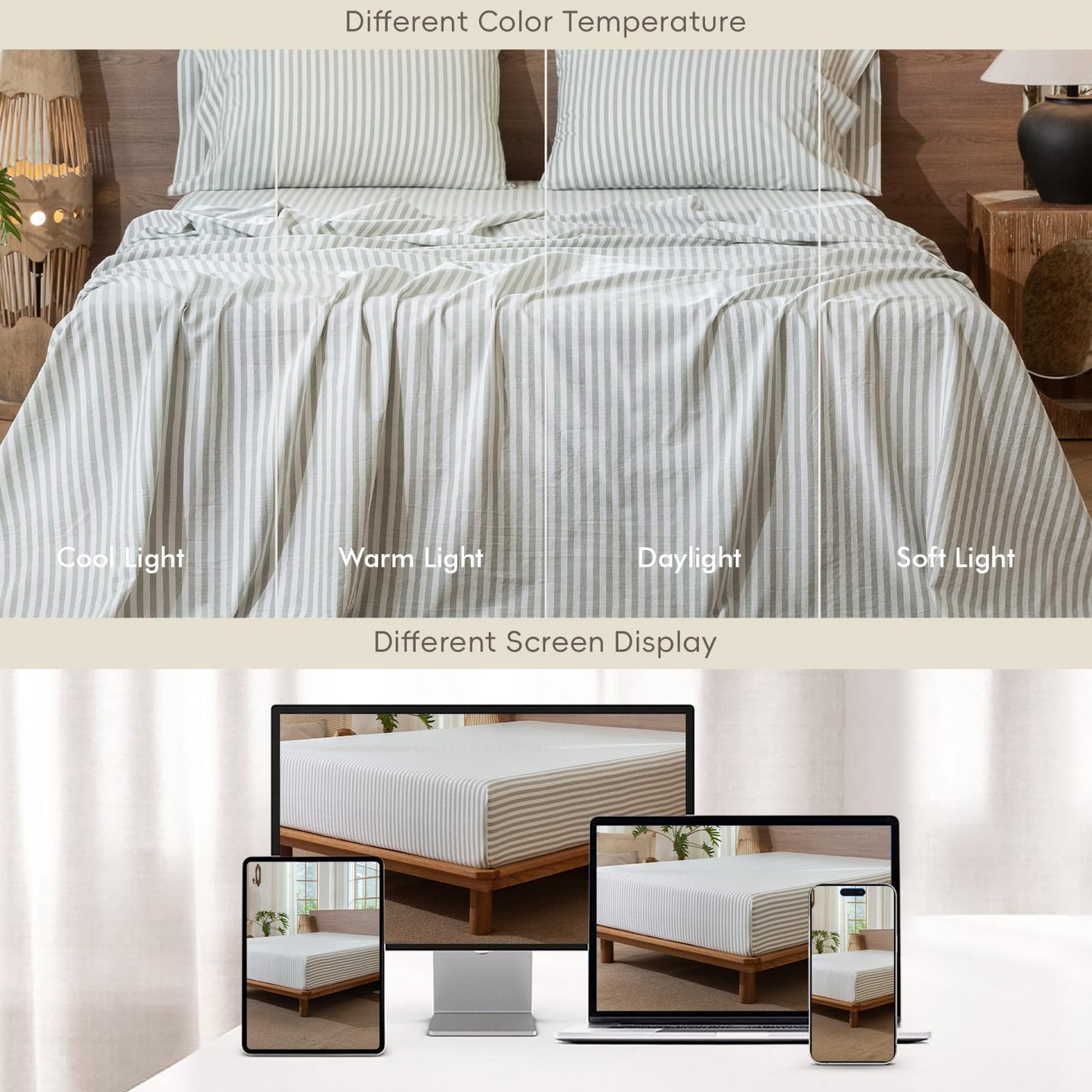 MooMee Striped Fitted Bottom Sheet Only 100% Washed Cotton Linen Like Textured Breathable Durable Soft Comfy Deep Pocket Fits Mattress up to 17" (Sage Green White Classic Stripes, Queen)