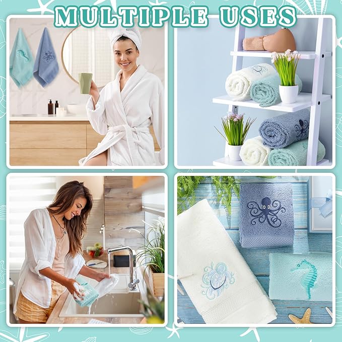 3 Pack Coastal Hand Towels for Bathroom 100% Cotton Embroidered Bathroom Towels
