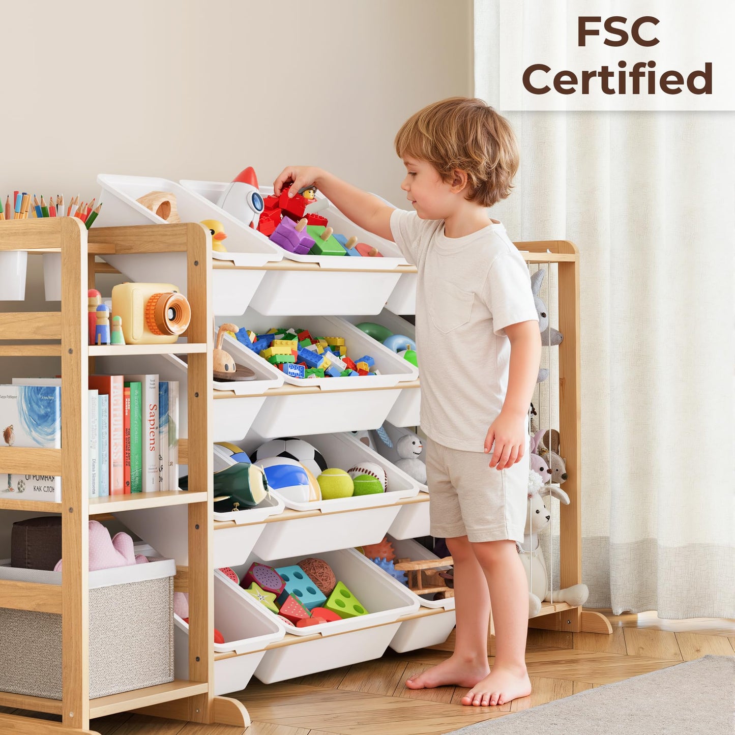 Toy Storage Organizer with Bookshelf and Stuffed Animal Storage - Kids Playroom Organization with Shelves and 12 Toy Bins - Toddler Living Room Toy Box for Lego - Nursery Bedroom Decor Essentials