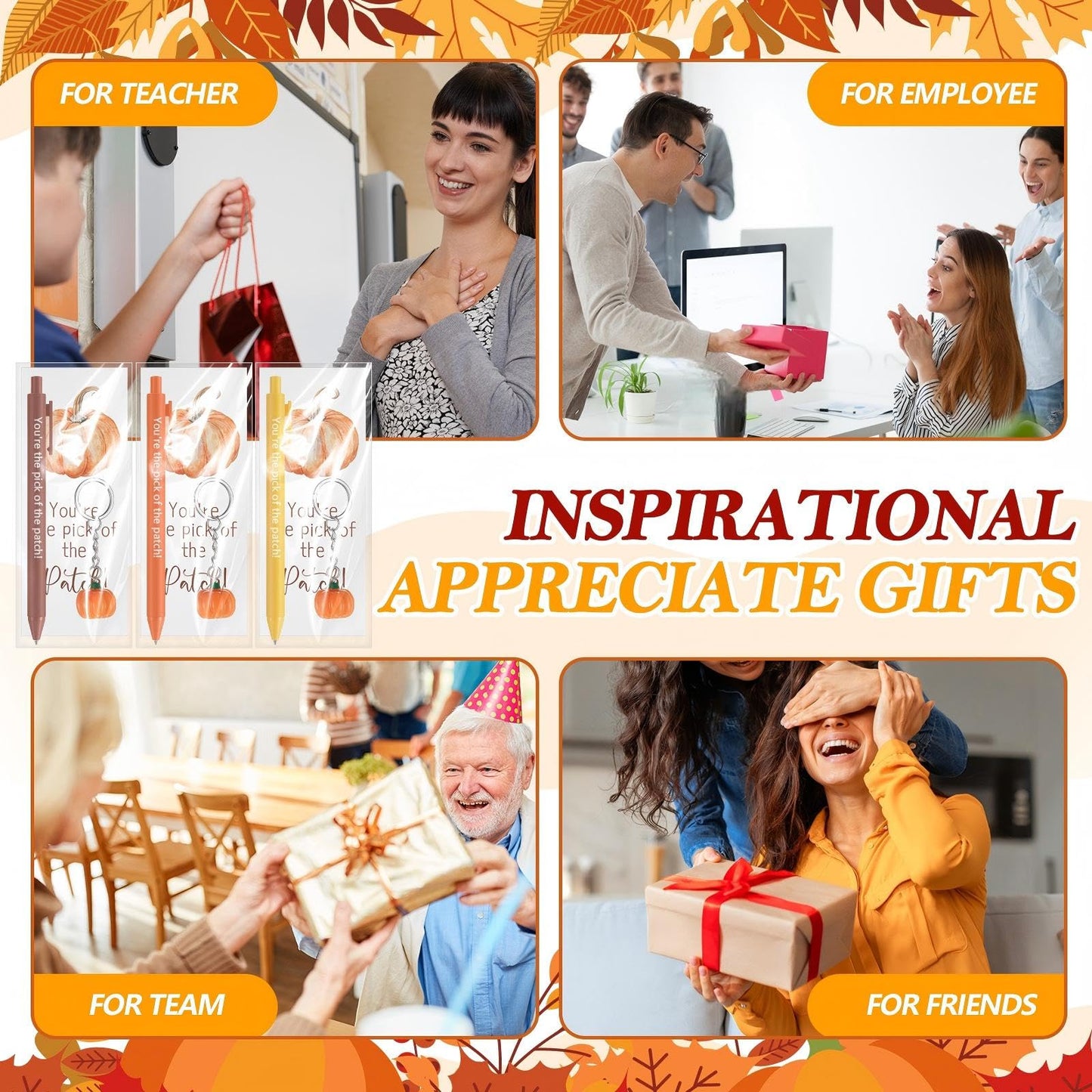 AmazingSpark 20 Sets Fall Thanksgiving Gifts Bulk Inspirational Ballpoint Pens Pumpkin Keychains You're The Pick of The Patch Gift Cards Fall Party Favors for Employee Coworker Teacher Appreciation