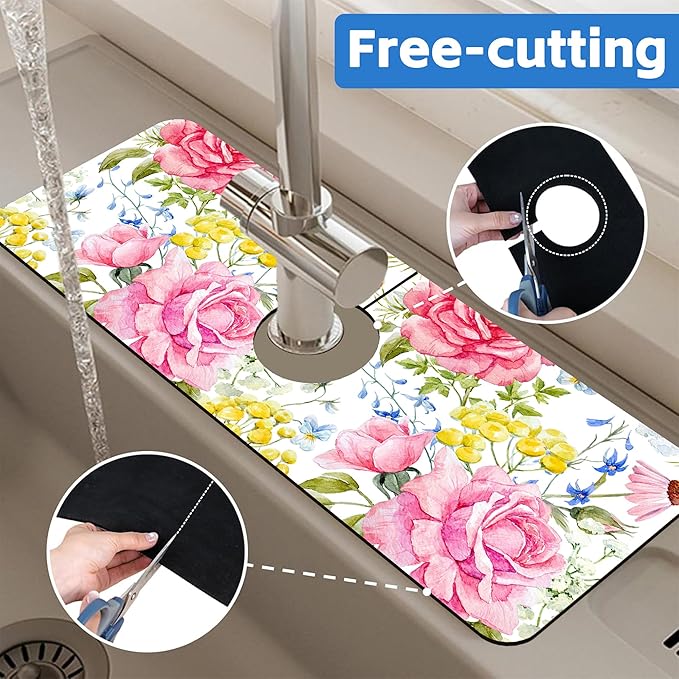 Watercolor Light Pink Floral Dish Drying Mat
