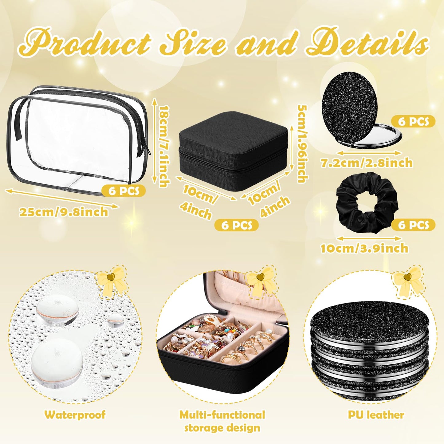 Yalikop 24 Pcs Spa Party Favor 6 Jewelry Boxes 6 Scrunchies 6 Glitter Mirrors 6 Bag Gift for Mother's Day Bridal Bachelorette Party (Black)