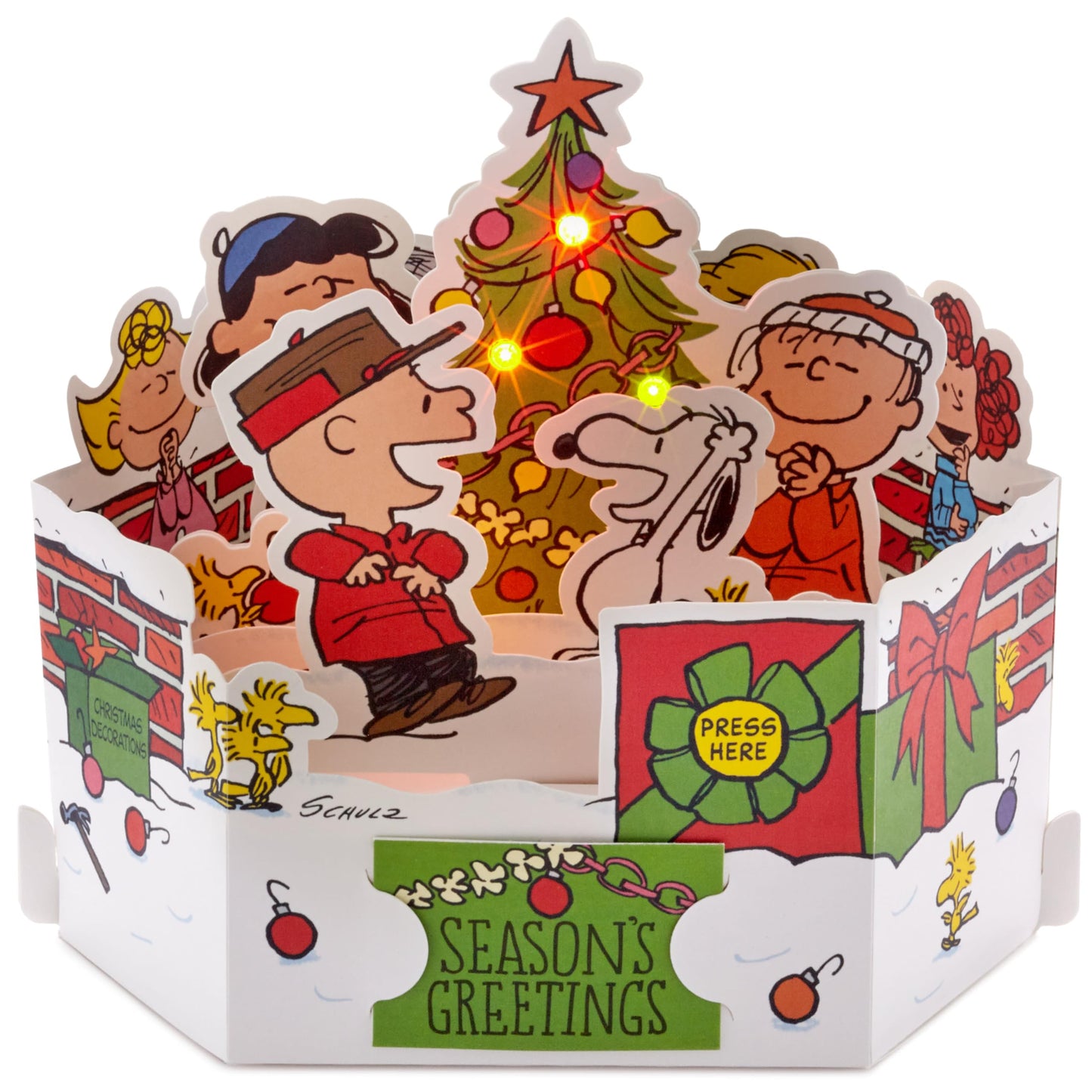 Hallmark Paper Wonder Peanuts Displayable Pop Up Christmas Card with Light and Sound (Charlie Brown Christmas Tree, Plays Christmastime is Here)
