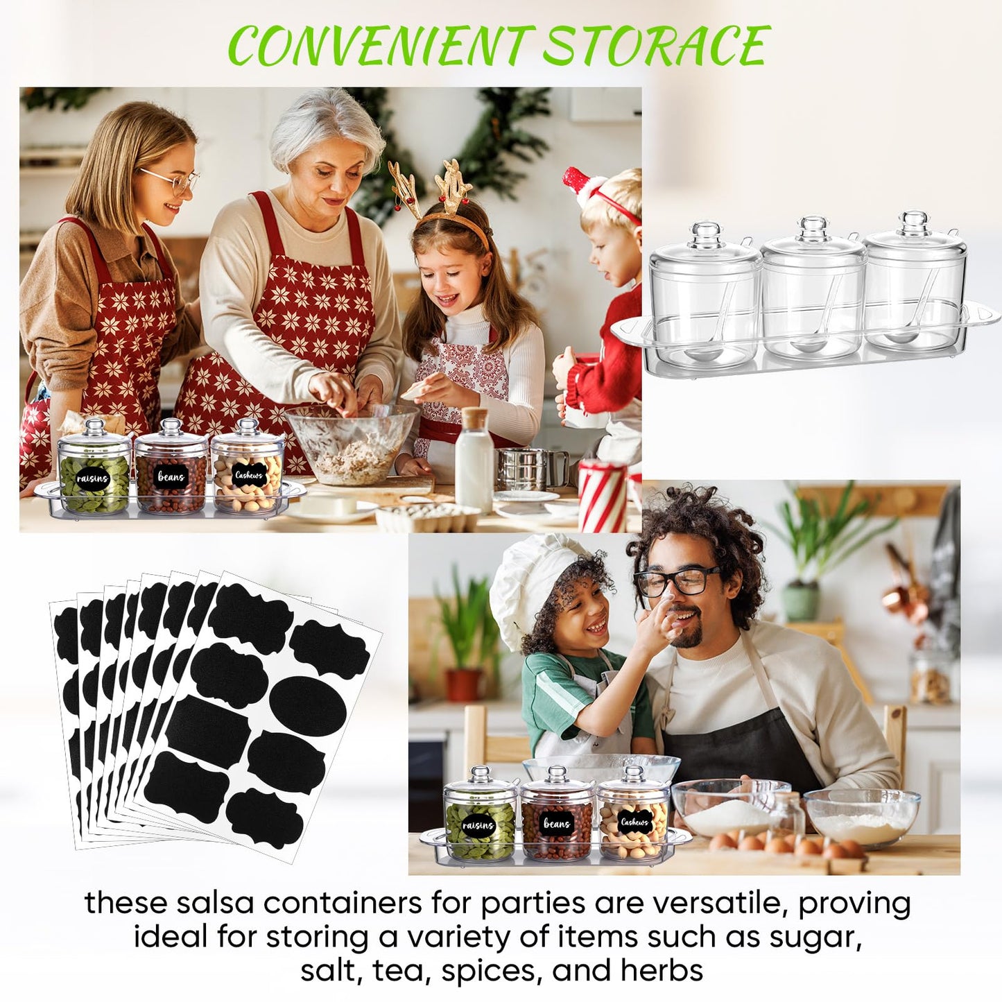 LemonRoad Set of 3 Clear Acrylic Sugar Bowl with Lid and Spoon for Coffee Bar Accessories, 7oz Tea Sugar Coffee Containers Salt Canister Spice Jars, Kitchen Seasoning Box Condiment Pots with Labels