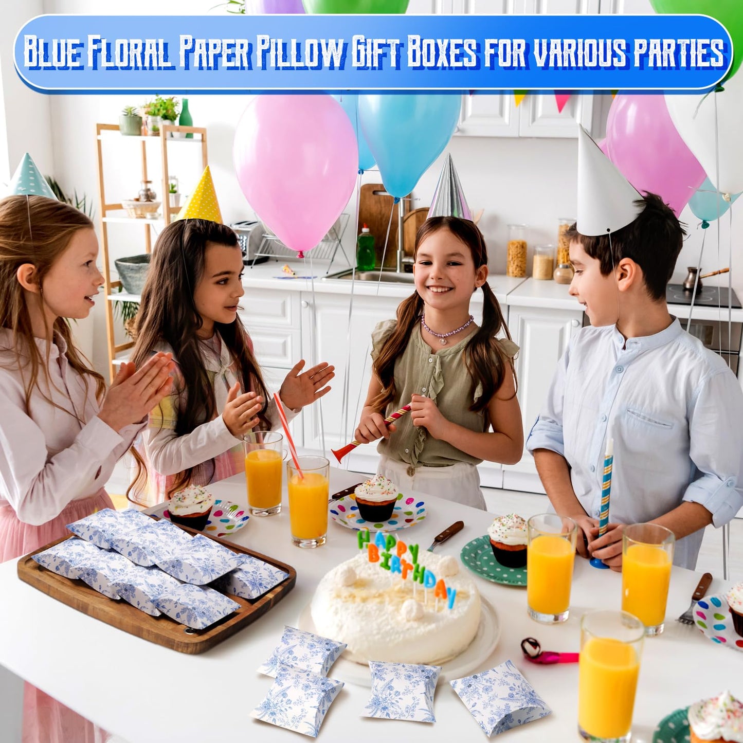 Moinchore 100 Pcs Blue Floral Pillow Boxes Kraft Paper Pillow Gift Boxes Candy Wedding Party Favors Blue Floral Candy Decor for Wedding Baby Bridal Shower Birthday Party Supplies
