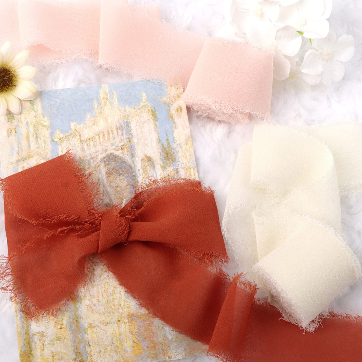 David accessories Handmade Chiffon Silk Ribbon 1.5" x 15 Yd Frayed Edges Ribbons Set for Wedding Invitations, Bridal Bouquets, Gifts Wrapping, DIY Crafts (Terracotta & White, 1.5")