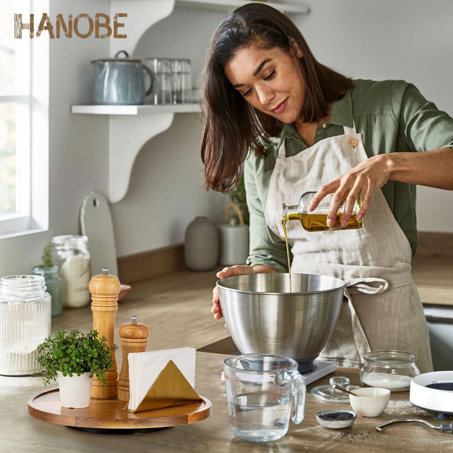Hanobe Wood Tray Lazy Susan: Round Acacia Wooden Turntable Decorative Coffee Table Trays for Kitchen Counter Centerpiece Organizer Decor for Cabinet