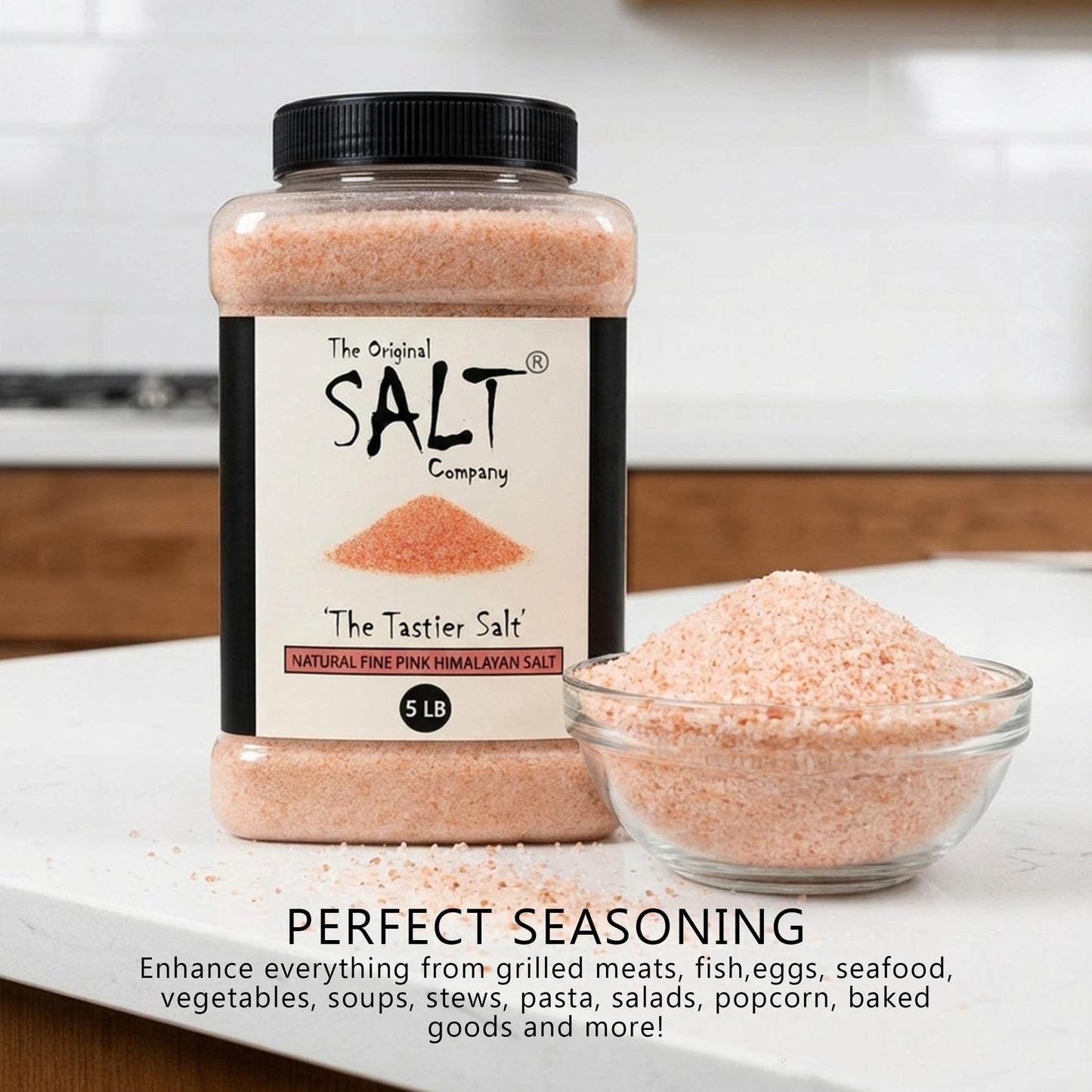 The Original Salt Company Pink Himalayan Salt, 5 LB Food-Grade Plastic Container 100% organic, kosher, fine grain, and gluten-free. Perfect for cooking, seasoning, and enhancing dishes with its mild, mineral-rich flavor.