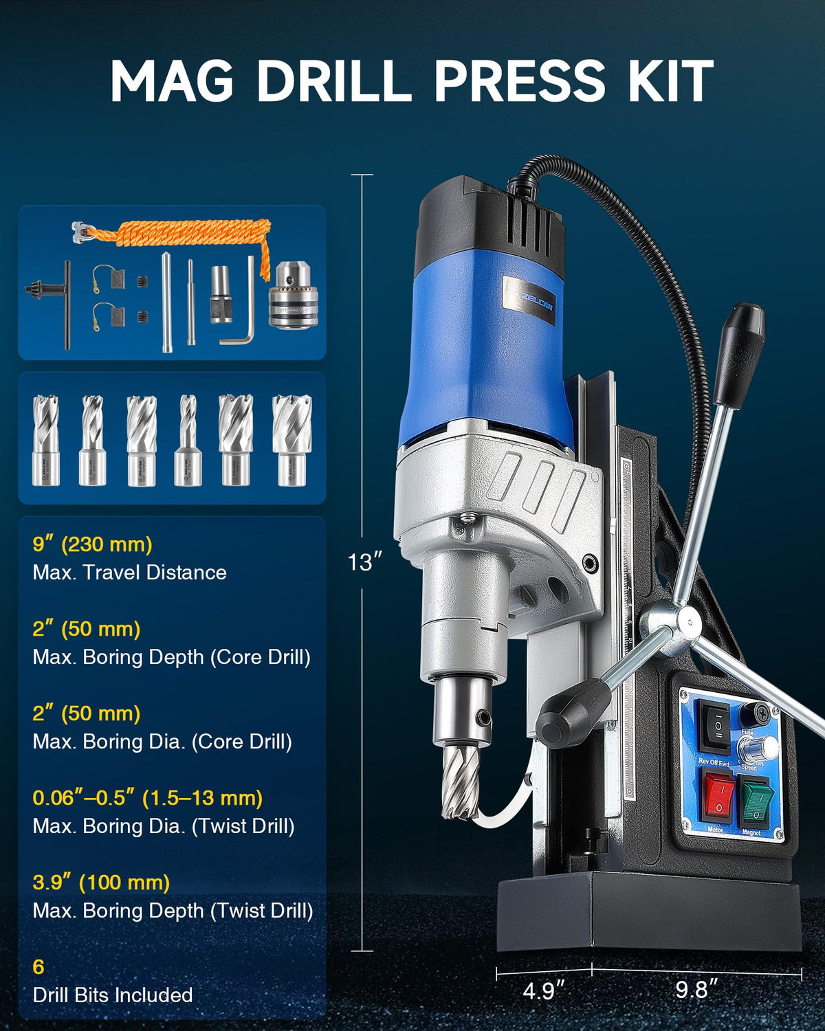 ZELCAN Mag Drill Press with 6 Drill Bits, 1550W Portable Magnetic Press with 2" Boring Diameter, 0-580 rpm Stepless Speed & Reversible Direction, 2922 lbf Power Magnetic