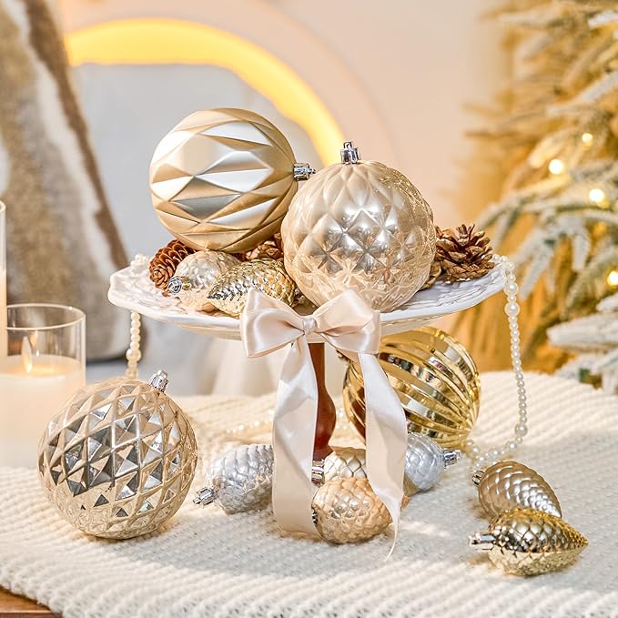 JORNOY Christmas Tree Ornaments, 4inch/100mm Shatterproof Ornaments for Christmas Tree Set - Large Plastic Decorative Hanging Balls Ornaments for Xmas Tree Decorations Party, 12ct (Champagne)