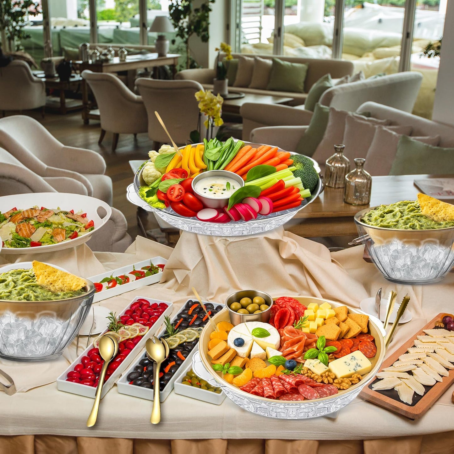 4 Set Gold Chilled Serving Tray and Dip Bowl for Parties, Chilled Serving Bowl Veggie tray Shrimp Cocktail Serving Dish with Salad Spoon & Fork, Tong and Forks for Fruit Seafood Vegetable Appetizer