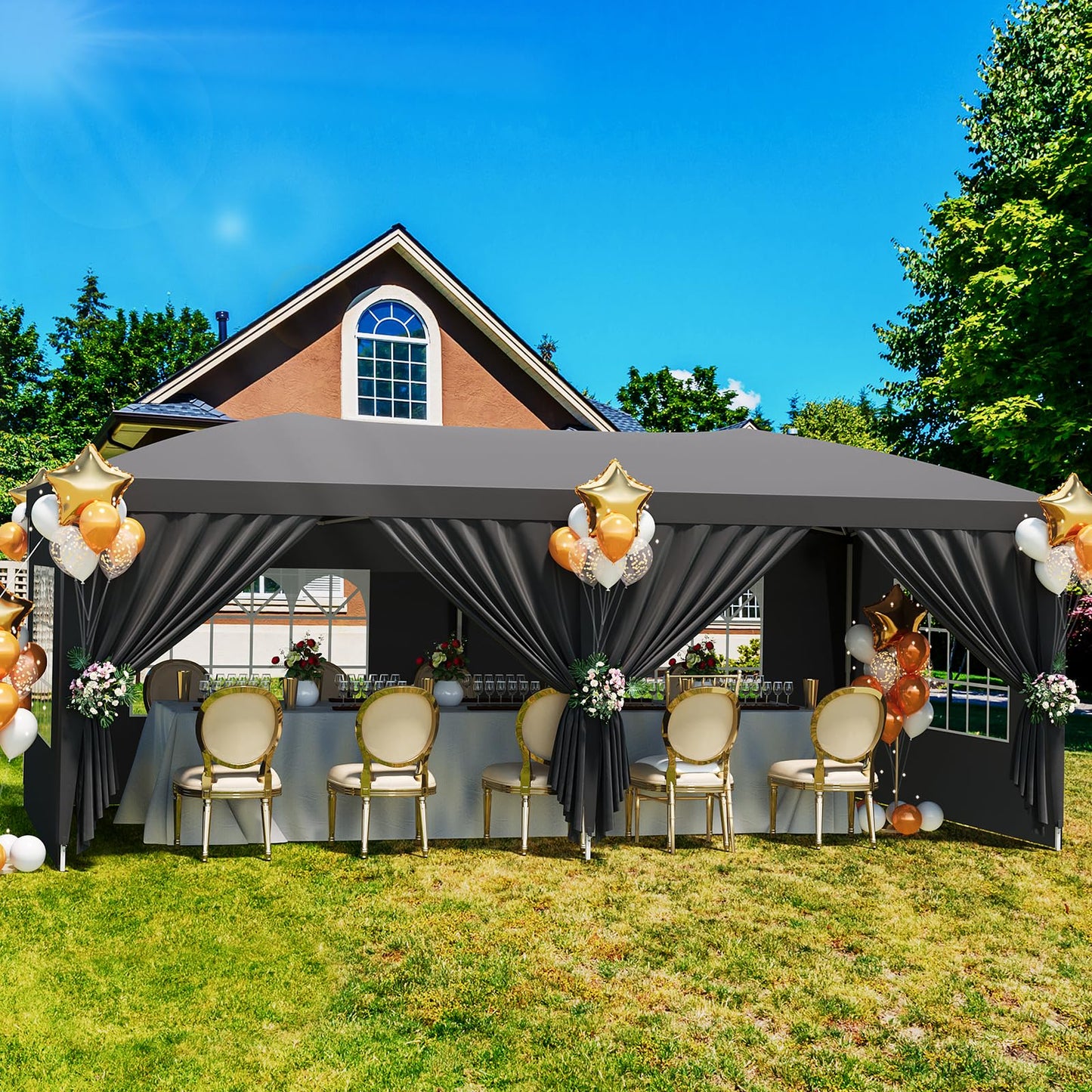Garvee 10x20 Pop Up Canopy Tent with 6 Removable Sidewalls, Easy Up Commercial Canopy Tents for Parties, Large Heavy Duty Outdoor Canopies with 3 Adjustable Heights, Stakes X18, Ropes X6, Grey