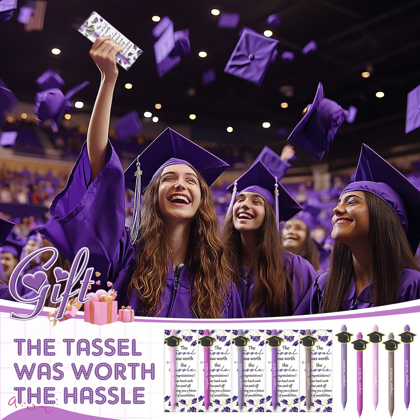 MotiMind 50 Sets Graduation Gifts Class of 2026 Bulk Graduation Party Favor Cap Ballpoint Pen With Motivational Greeting Cards Party Favors for University College Middle High School (Purple)