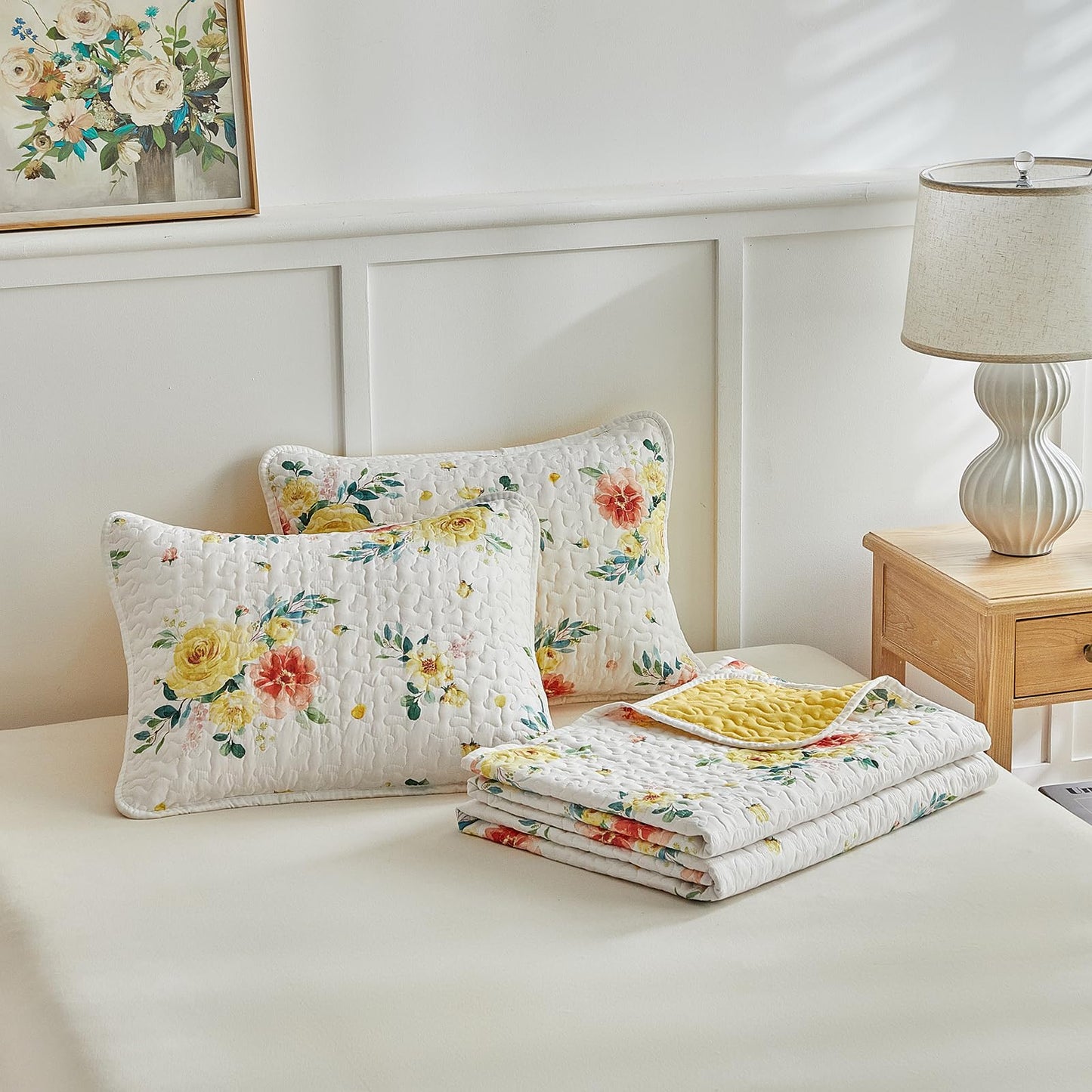 Floral Quilt Set 3 Pieces Queen Size White Orange Yellow Flower with Green Leaves Soft Microfiber Lightweight Summer Reversible Coverlet Bedspread for All Season -1 Quilt 88*88 + 2 Pillow Shams