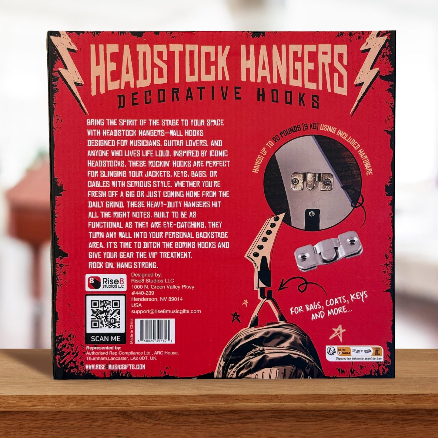 Rise8 Studios Headstock Hangers (Set of 3) | Real Wood 1:1 Scale Guitar Headstock Wall Hooks | Heavy Duty Decorative Coat Rack for Musicians, Home & Music Room Decor | Holds up to 20 lbs