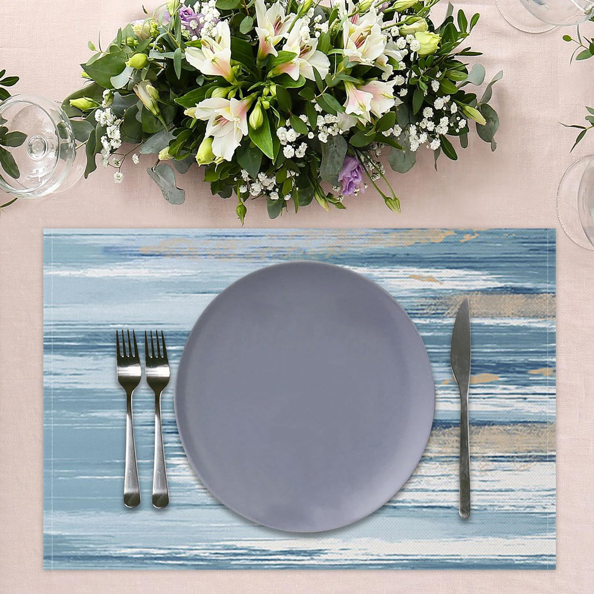 AOFOTO Abstract Placemats Set of 4 for Dining Table Blue Boho Ombre Grunge Rustic Wooden Place Mats Washable Rectangular Art Painted Table Mats for Home Kitchen Restaurant Decor 12x18 Inch