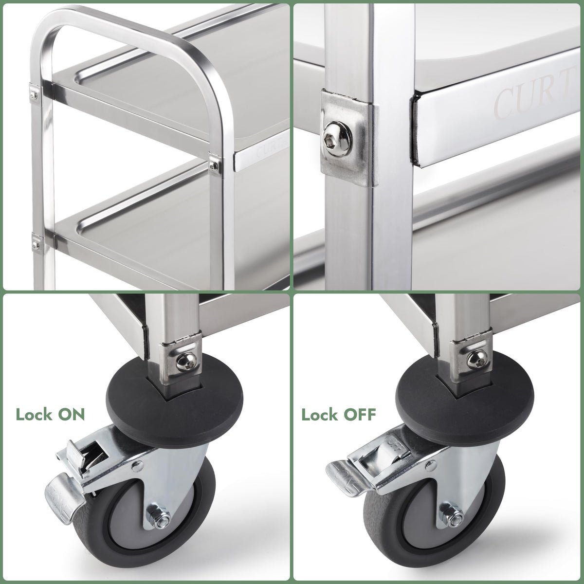 CURTA Stainless Steel Serving Trolley, 38" L x 20" W x 37" H 3 Tiered Shelf Kitchen Utility Cart, Rolling Casters Brake Wheel, Commercial Pro for Restaurant/Hotel/Lab/Clinic/Salon/Workshop