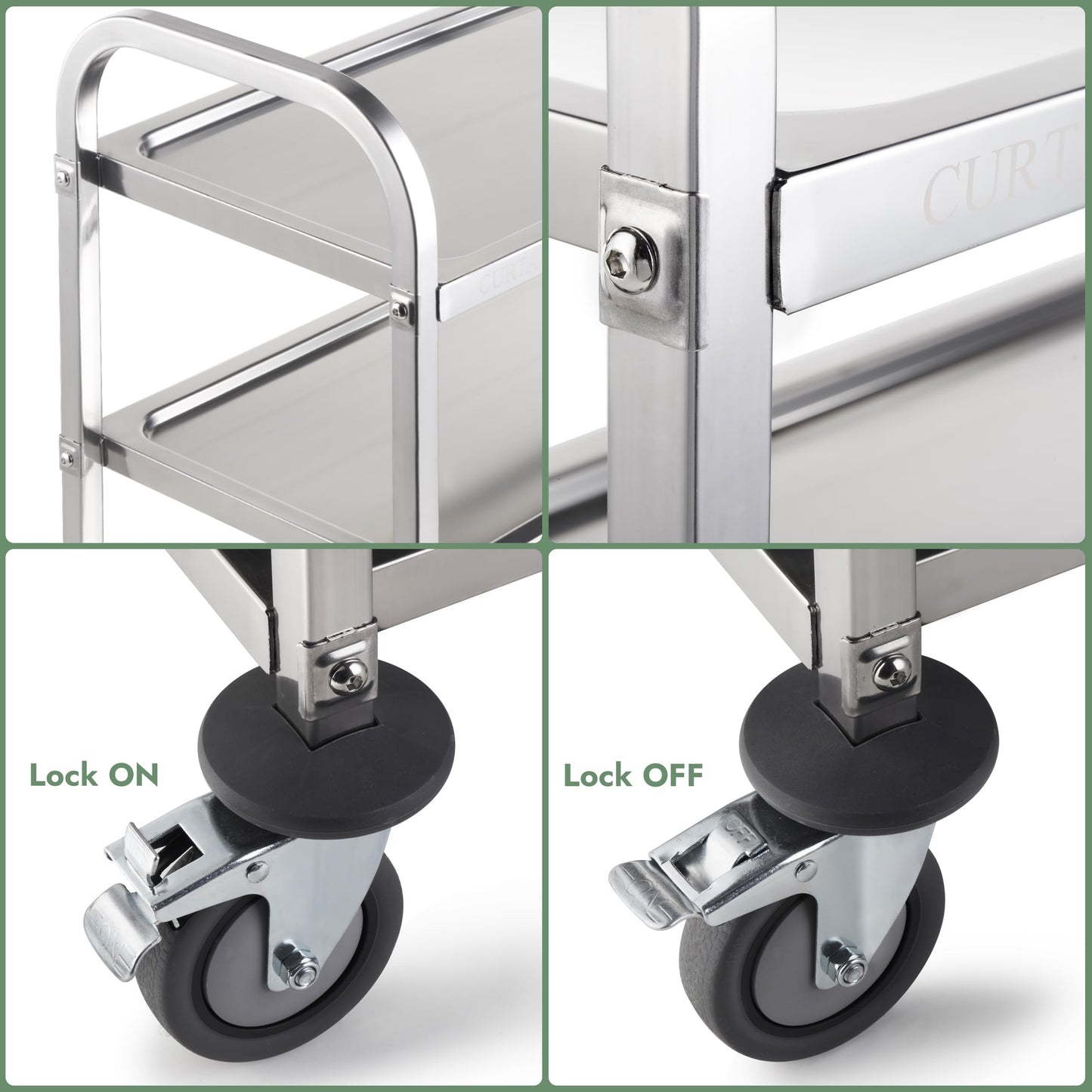 CURTA Stainless Steel Serving Trolley, 34" L x 18" W x 36" H 3 Tiered Shelf Kitchen Utility Cart, Rolling Casters Brake Wheel, Commercial Pro for Restaurant/Hotel/Lab/Clinic/Salon/Workshop