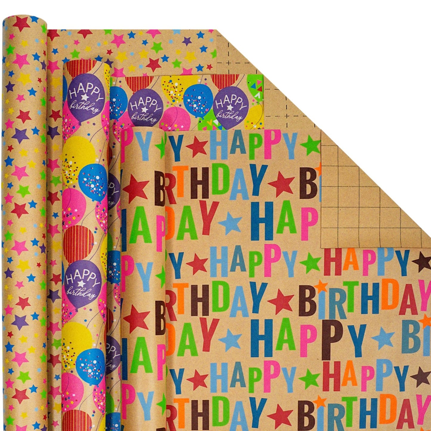 BIOBROWN Kraft Birthday Wrapping Paper - Mini Roll - 17 inch X 120 inch Per Roll - Colorful Text Happy Birthday Balloon Star Design for Party, Baby Shower, Holiday