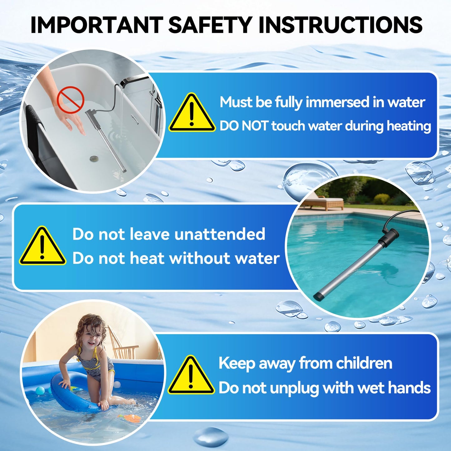 3000W Immersion Heater for Large Hot Tub & Medium Pool Heater, Submersible Immersion Heater with GFCI & Digital Thermostat, for Large Inflatable Hot Tub, Medium Above Ground Pool, Large Stock Tank