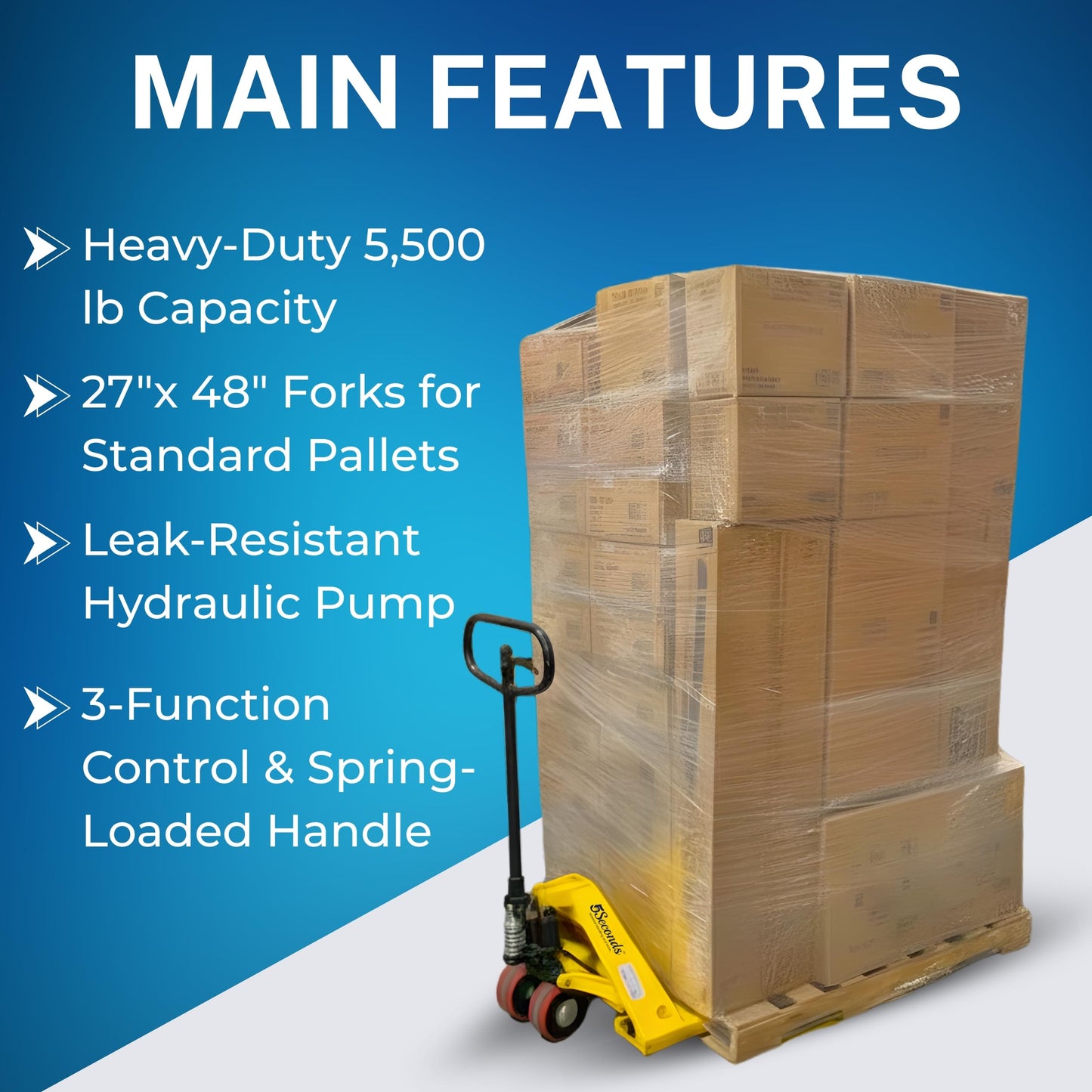 5Seconds Manual Pallet Jack 5500 lb Capacity, Heavy Duty Pallet Truck with Polyurethane Wheels, 27" W x 48" L Forks, Hand Pallet Truck for Warehouse, Includes Wheel Stopper & Tracker