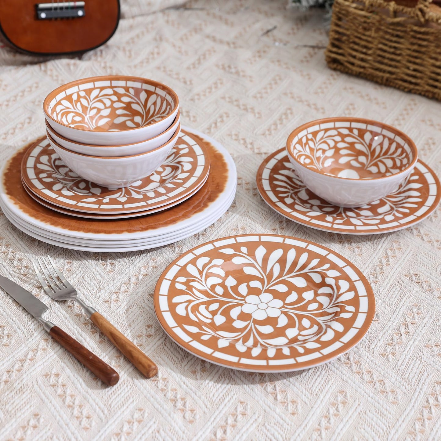 Yinshine Melamine Plates and Bowls Set, 12-Piece Melamine Dinnerware Set, Dinner Serving Dishes Set for 4, Unbreakable, Brown-Yellow