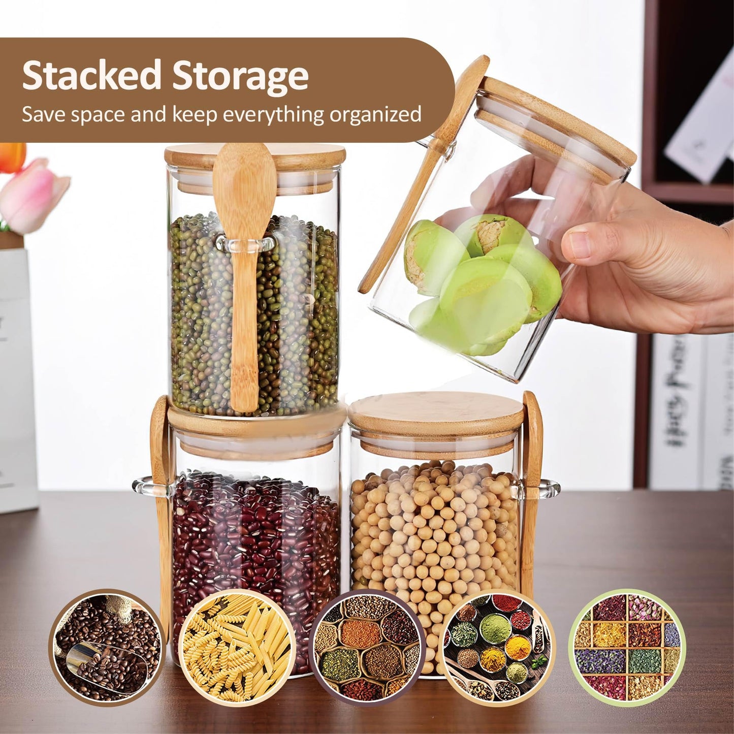 MOLADRI 2 Pack Glass Storage Canister with with Airtight Lid, 15 oz/450 ml Small Clear Decorative Container Jar with Wooden Spoon for Coffee Spice Candy Salt Cookie Sugar Matcha Tea Overnight Oats