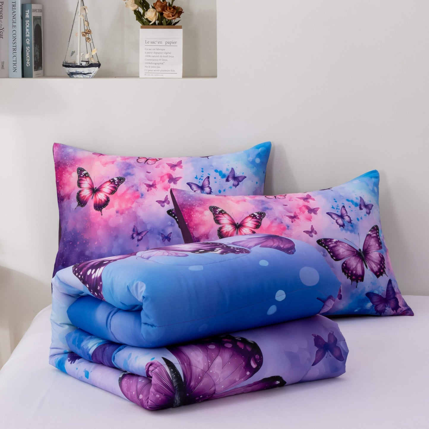 Btargot 3 Piece Butterfly Pattern Girls Comforter Set, Colorful Ink Stick Printing Bedding Set for Women, Pink Purple Full