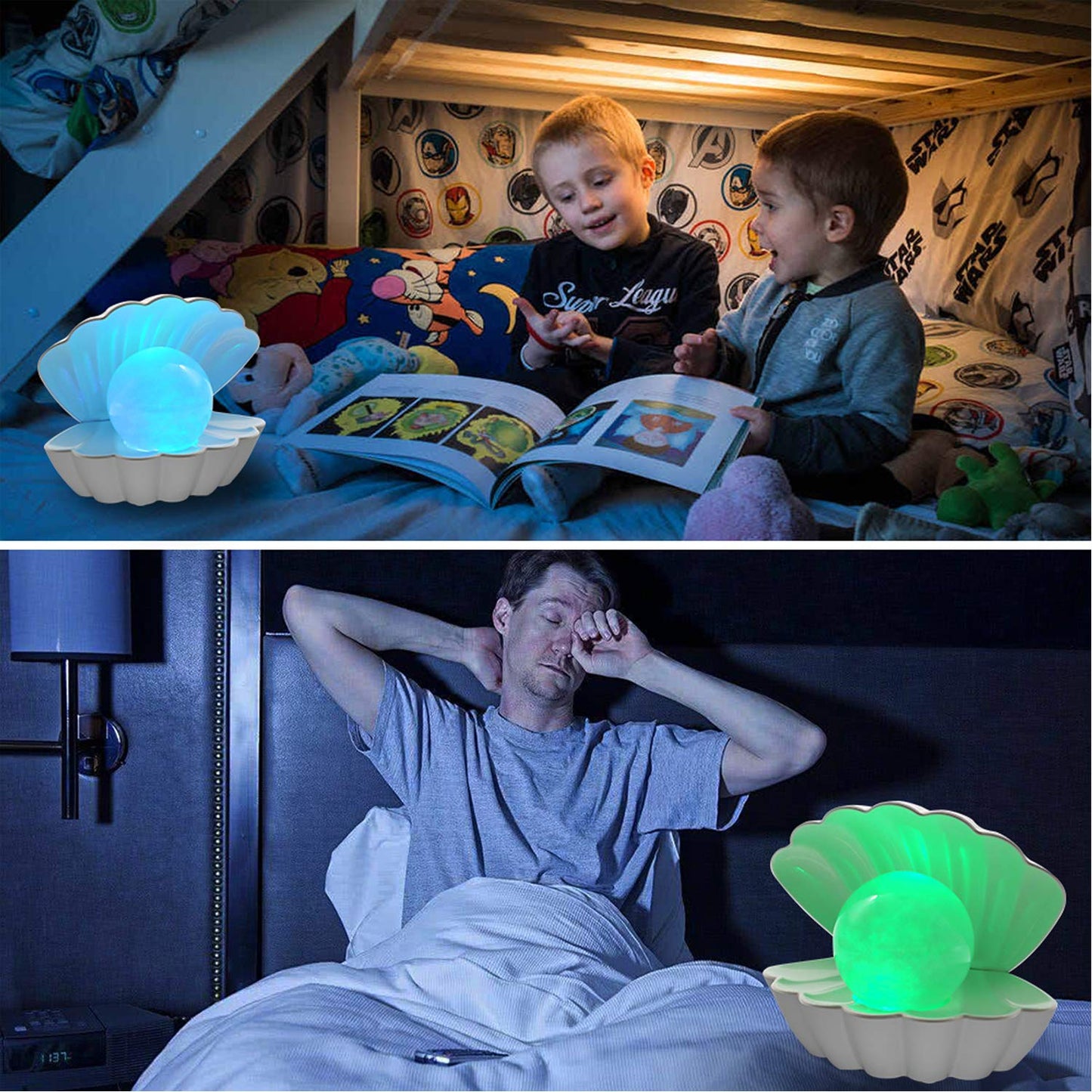 LKUA Shell Pearl Beach Themed Night Light, RGB 8 Colors Changing Mood Shell Pearl Lamps, Bedside LED Clamshell Portable Night Lights for Bar (White)