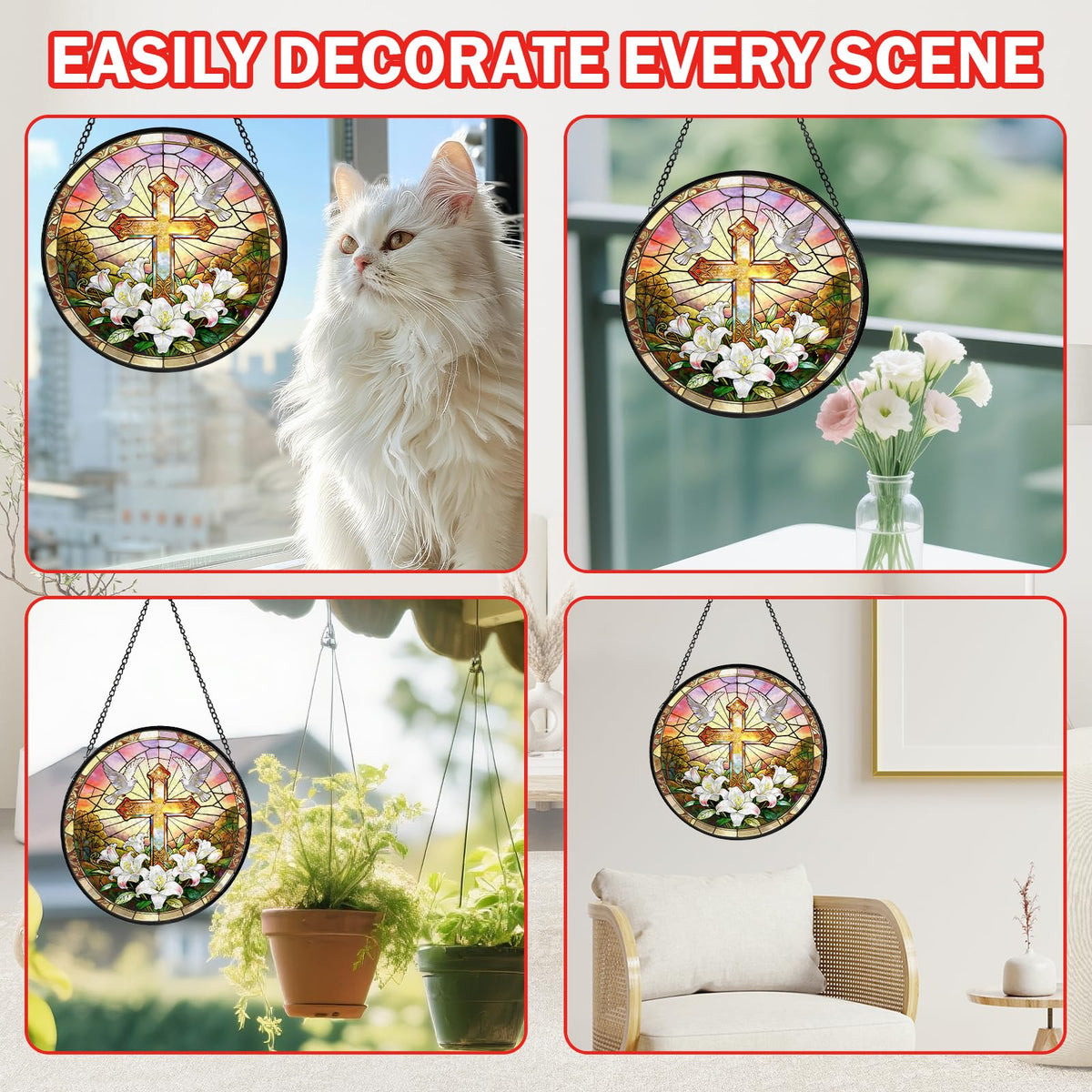 Cross Stained Glass Window Hanging, Flower Suncatcher Diamond Glass Panel Hangings, Sun Catchers Indoor Windows Wall Art Decor, Pastor Christian Gift, for Home Office 7.87 inches