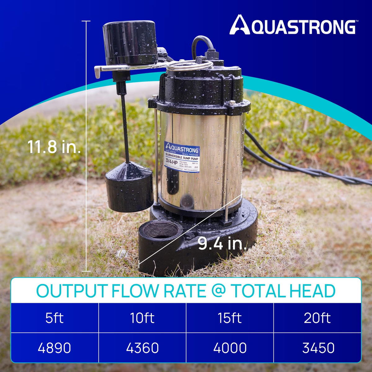 Aquastrong Sewage Grinder Pump, Cast Iron Effluent Pump, Auto Float Switch for Basement Sump Basin and Sewage Well, 2 inch Discharge, Stainless No Grinder with Piggy-back Plug