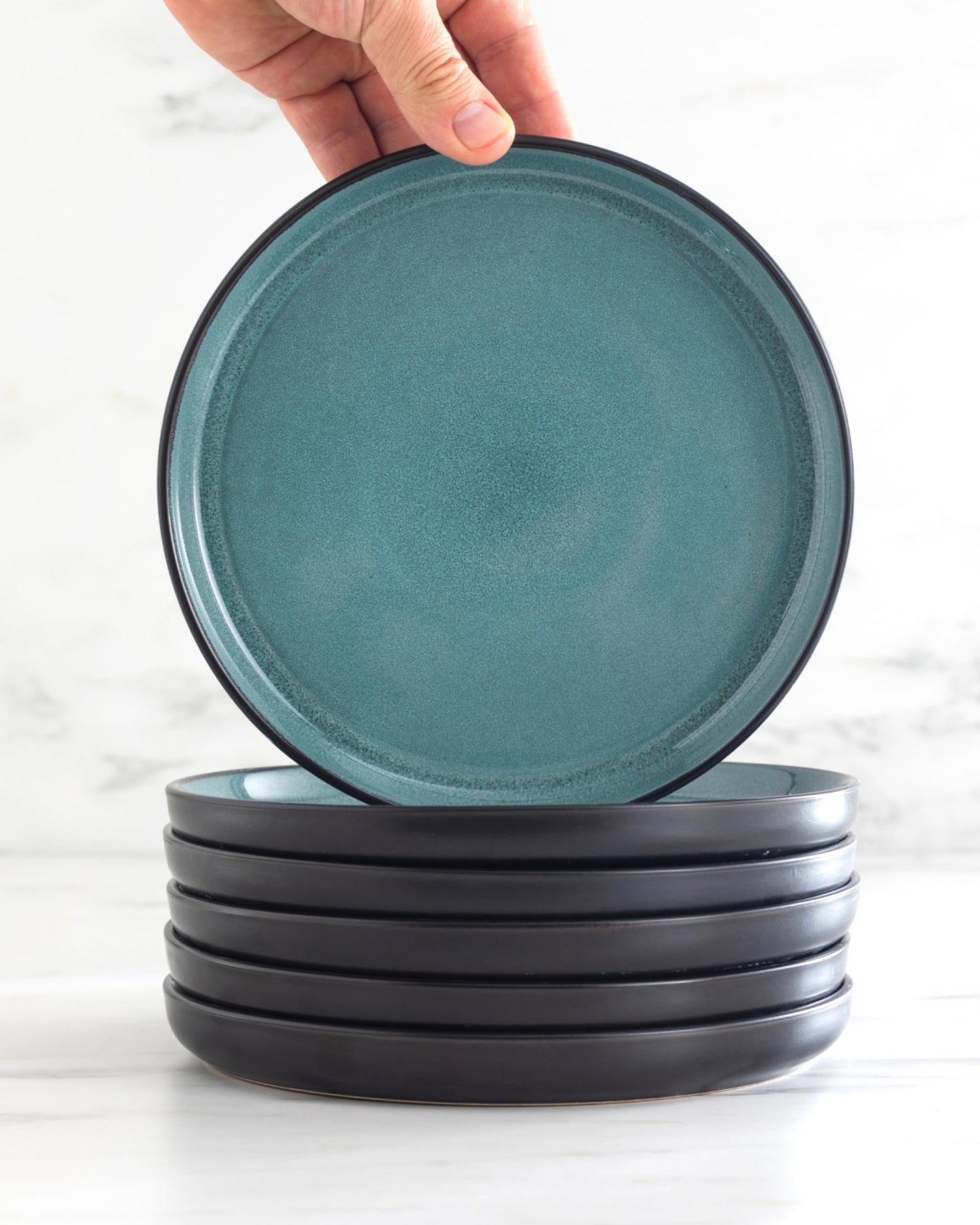 Stoneware large soup bowls set 4 pcs – 27 oz dark petrol blue pasta & cereal bowls 5.5" – Dishwasher and microwave safe – Modern kitchen bowl set – Dinner service Pure Living