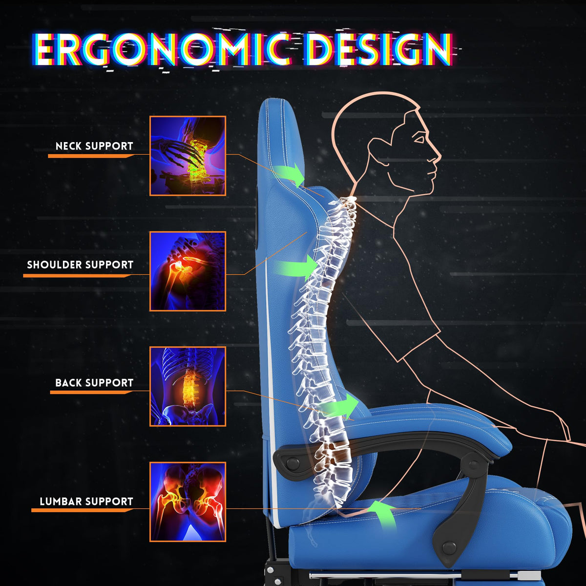 MINOMAC Gaming Chair, 400 lbs Adult Chair, High Back Computer Chair with Footrest and Linked Armrests, Office Video Game Chair with Lumbar Support (Blue)