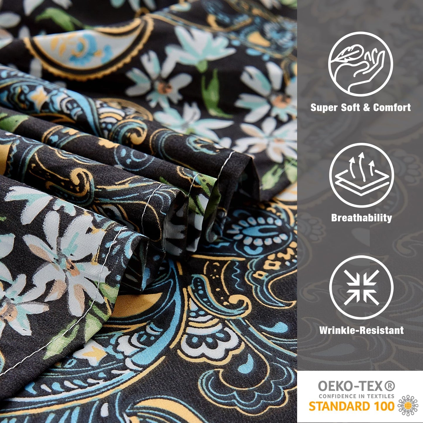 JSD Black Paisley Floral Printed Sheet Set Queen Size, 4 Piece Soft Pattern Microfiber Sheets Extra Deep Pocket
