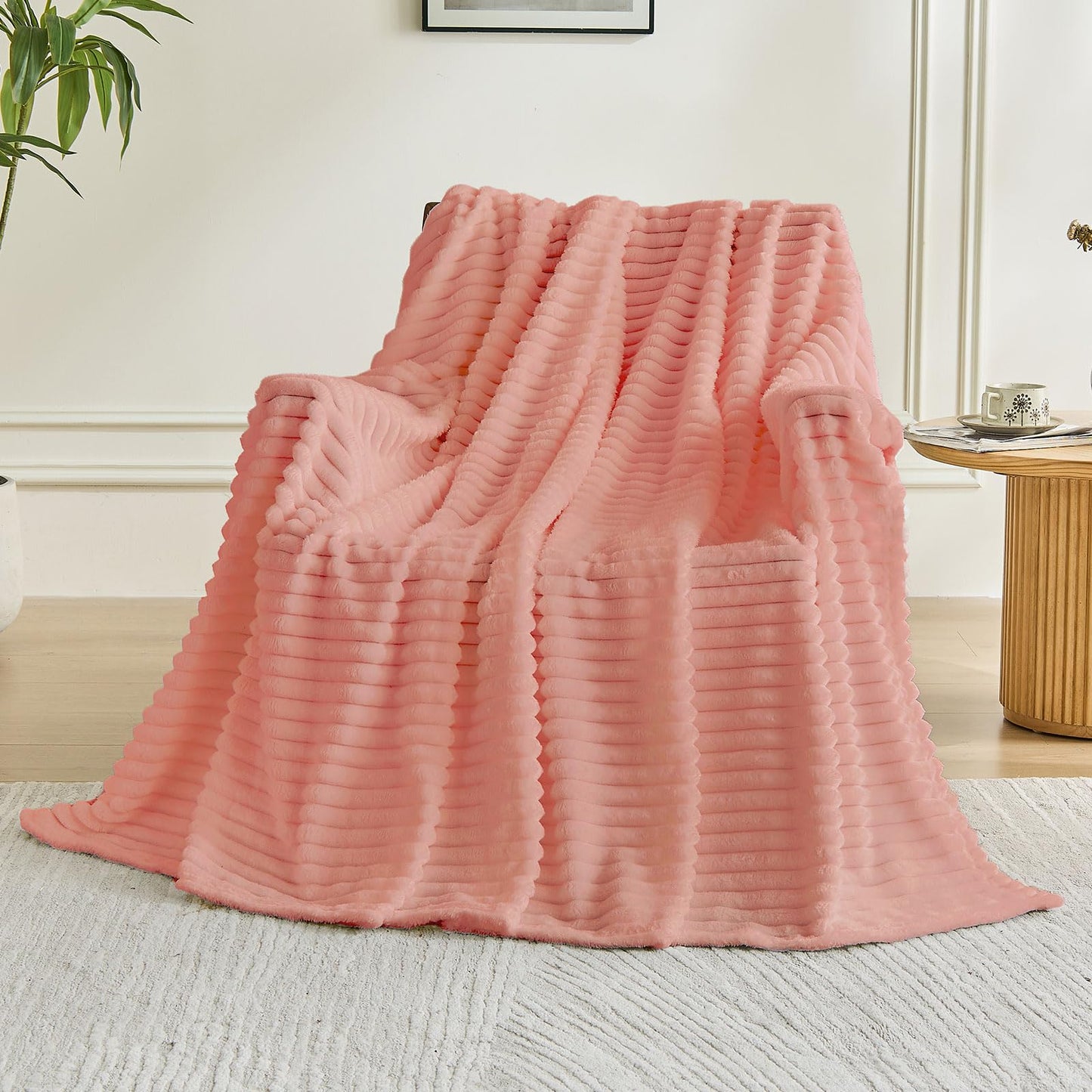 CHERAISA Throw Blanket for Couch - Flannel Fleece 3D Striped Ribbed Bed Blanket.Super Soft Blankets for Women Girls,Teacher Gifts Birthday Gifts Room Home Dorm Decor (Light Pink, Twin(60"x80"))