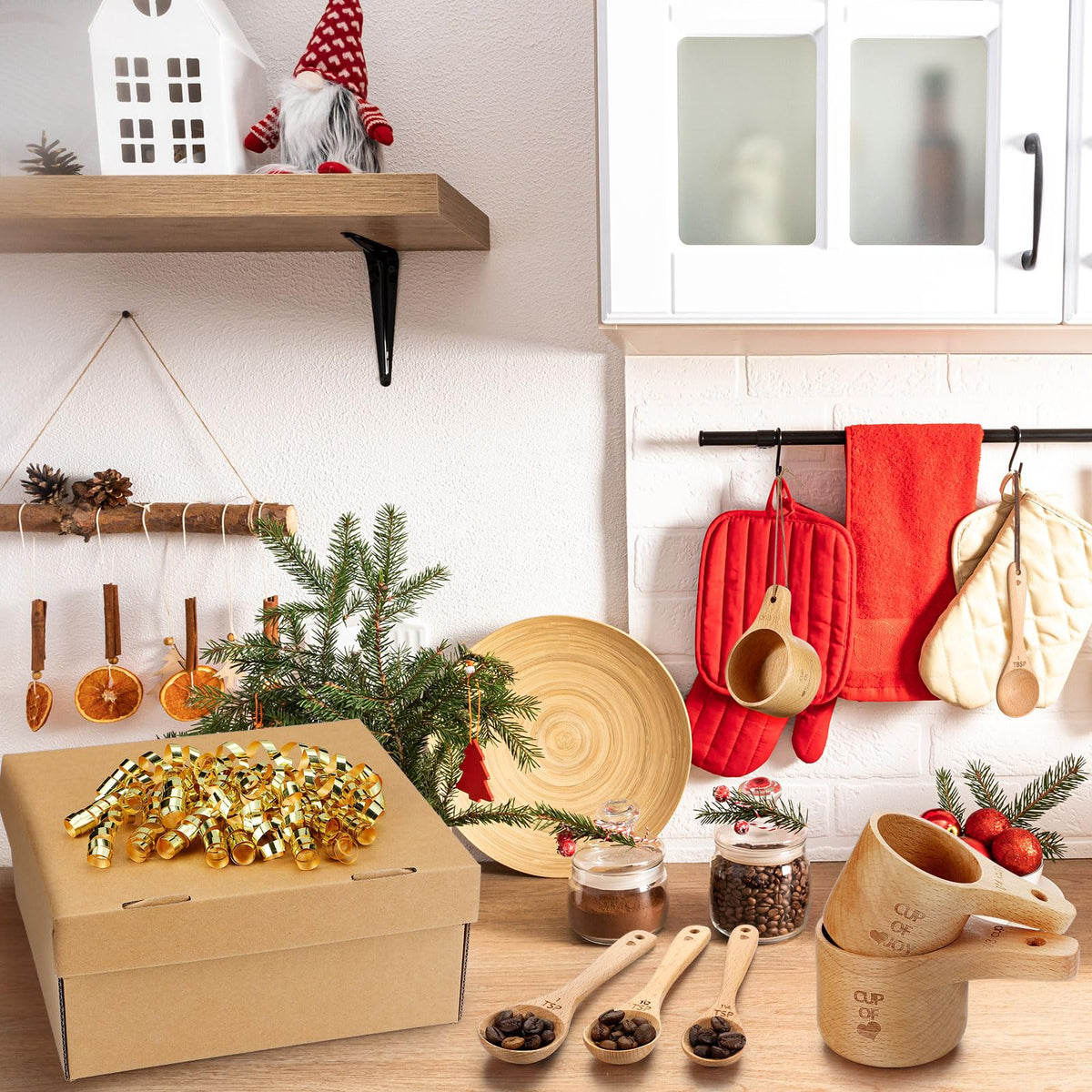 Reallnaive 14 Pcs Christmas Wooden Baking Gift Set - Wooden Measuring Cups and Spoons, Baking Towel, Greeting Card, Self-adhesive Curly Bows for Women, Dry Measuring Ingredient Christmas Kitchen Gift