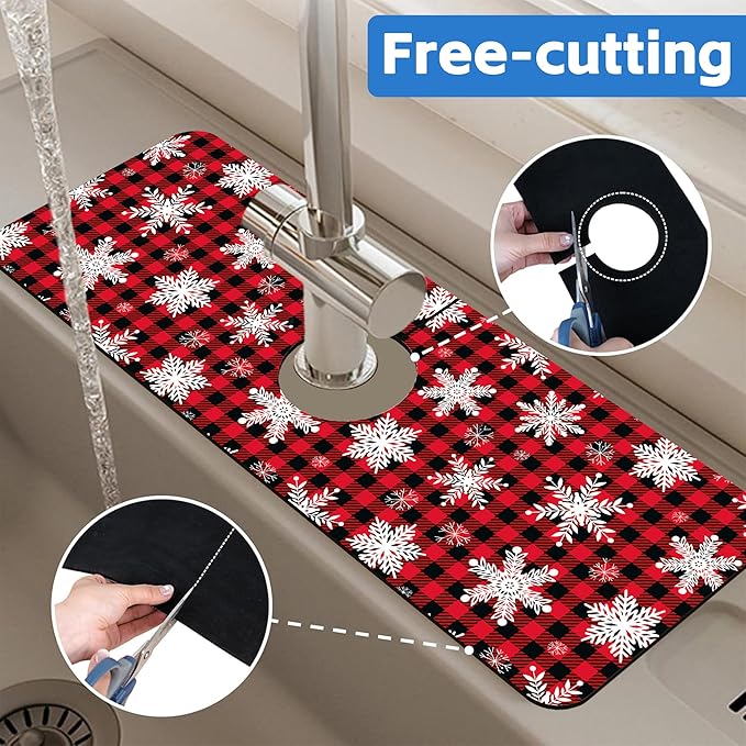 Christmas Snowflake Kitchen Sink Splash Guard Mat Buffalo Plaid Absorbent Fast
