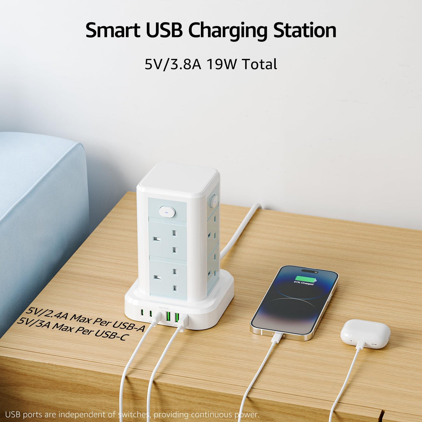 Tower Extension lead with USB Slots, Toomke 8 Way (13A/3250W) Plug Extension Socket Tower with 3 USB C and 3 USB A, Overload Protection Extension Cord with 4 Independent Switches, Power Cord 1.8M