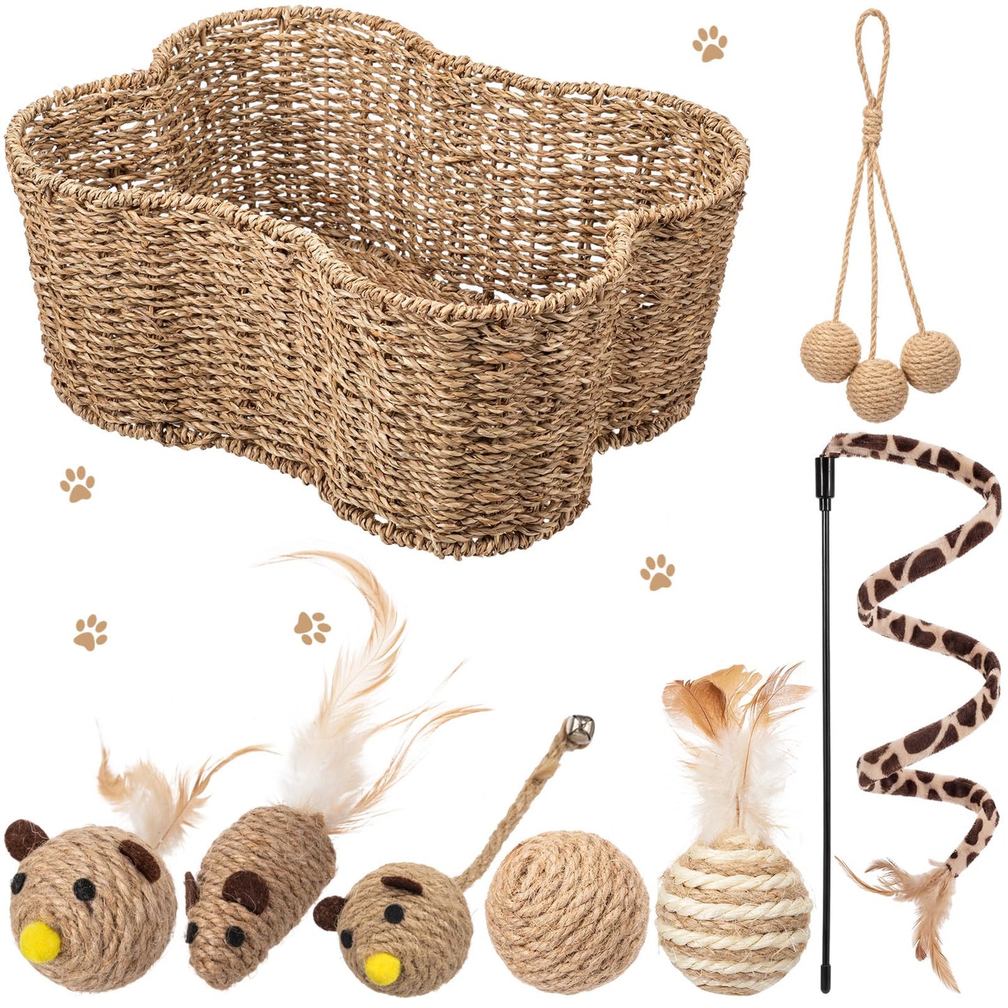 Leitee 16 x 12.8 Inch Mother‘s Day Bone Shaped Seagrass Wicker Basket with 8 Pcs Cat Toy, Cat Storage Basket Gift Set with Sisal Ball Mice Feather Stick, Interactive Toys for Indoor Cats and Kittens
