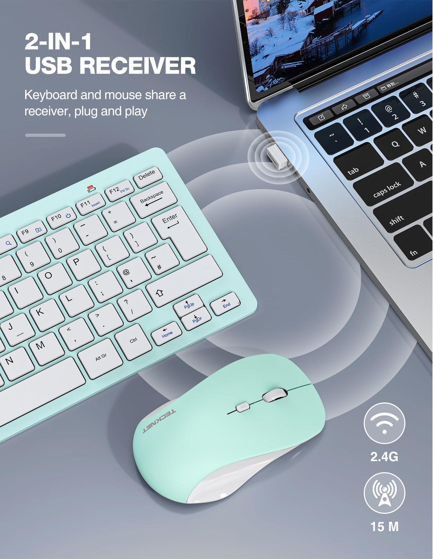 TECKNET Mini Wireless Keyboard and Mouse Set, 2.4G Cordless USB Keyboard and Silent Mouse Comb with Nano USB Receiver, 12 Multimedia Shortcuts for Computer, PC, Laptop, Desktop, Green