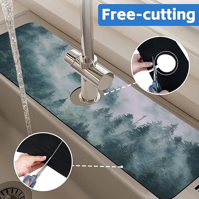 Foggy Forest Dish Drying Mat for Kitchen Sink Splash Guard Behind Faucet Sink