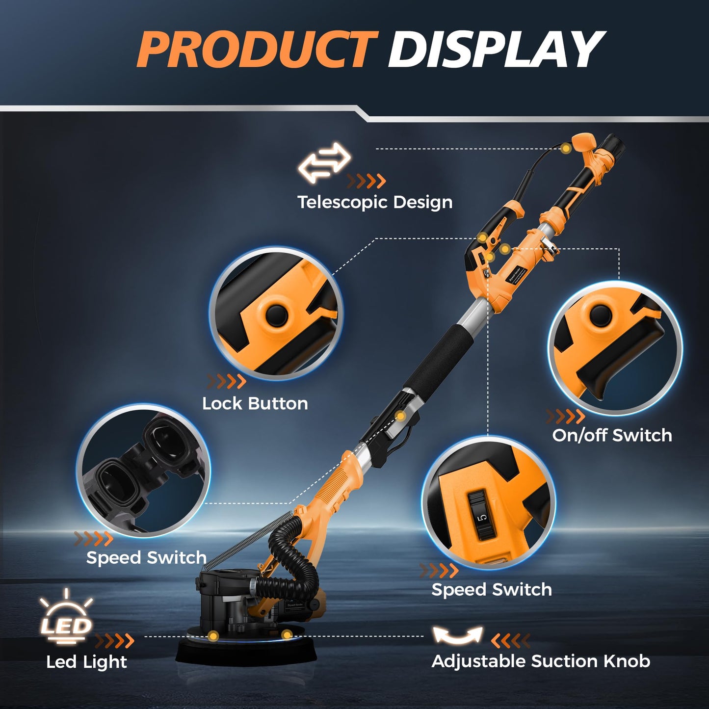 MAKELIFT Drywall Sander with Vacuum Dust Collector, 880W 7.33A Popcorn Ceiling Removal Tool, LED Light, 5 Variable Speed 1000-2100RPM, Foldable & Extendable Handle, 12 Sanding Discs