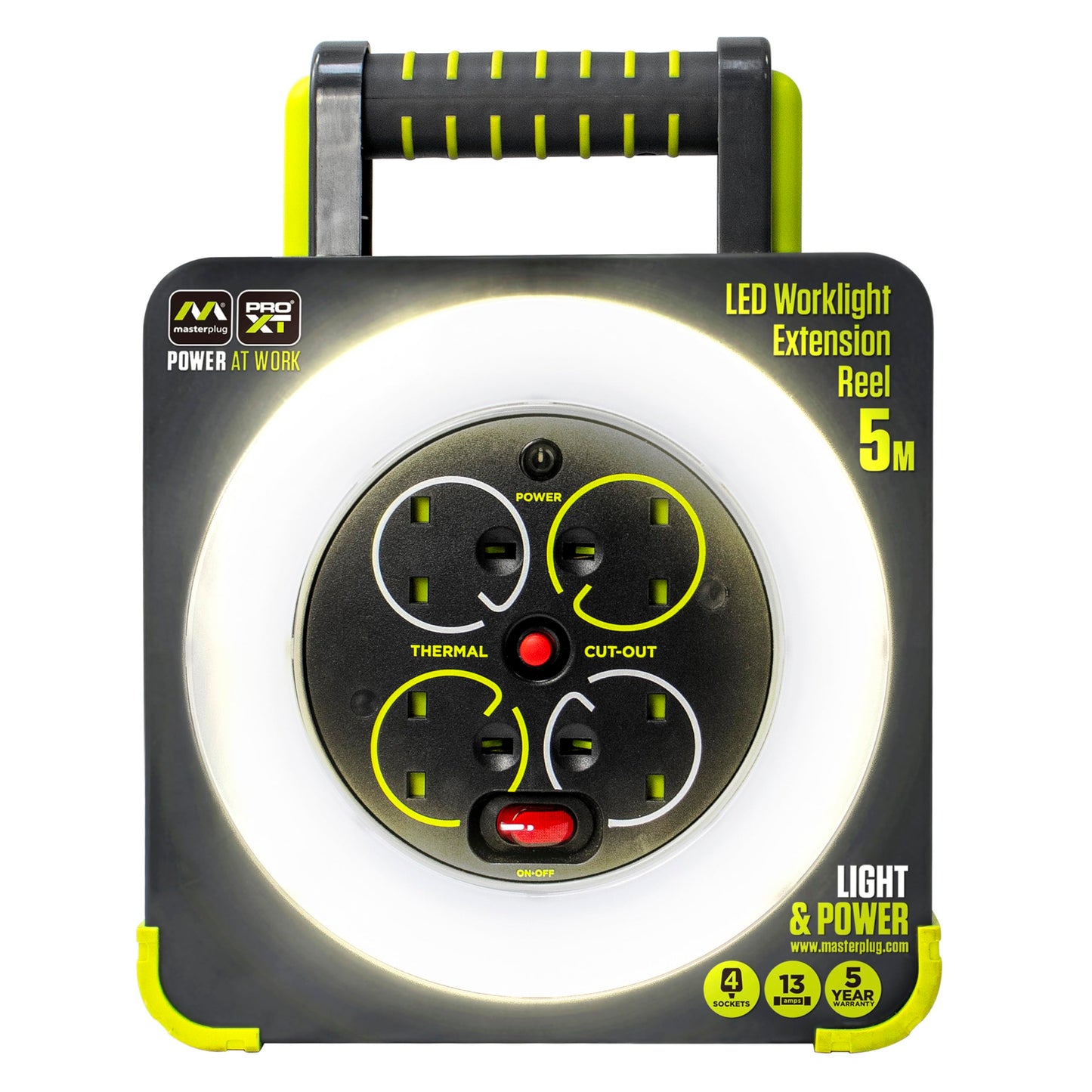 Masterplug WLU05134SL-PX Pro-XT Four Socket LED Work Light Extension Reel with Fold Out Stand, Thermal Cut Out and Power Switch, 5 metre High Visibility Cable, 13 Amp, Grey, 28.35 cm*9.1 cm*22.0 cm