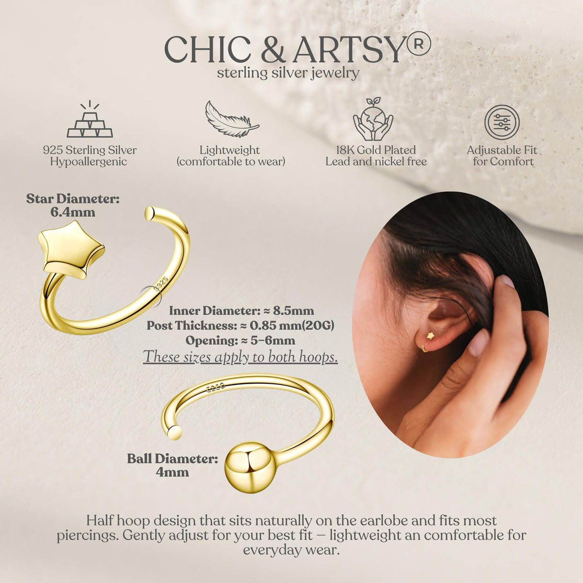 Half Hoop Earrings 18K Gold Plated 925 Sterling Silver Ball Huggie Hoop Earrings Star Hugger earrings for women