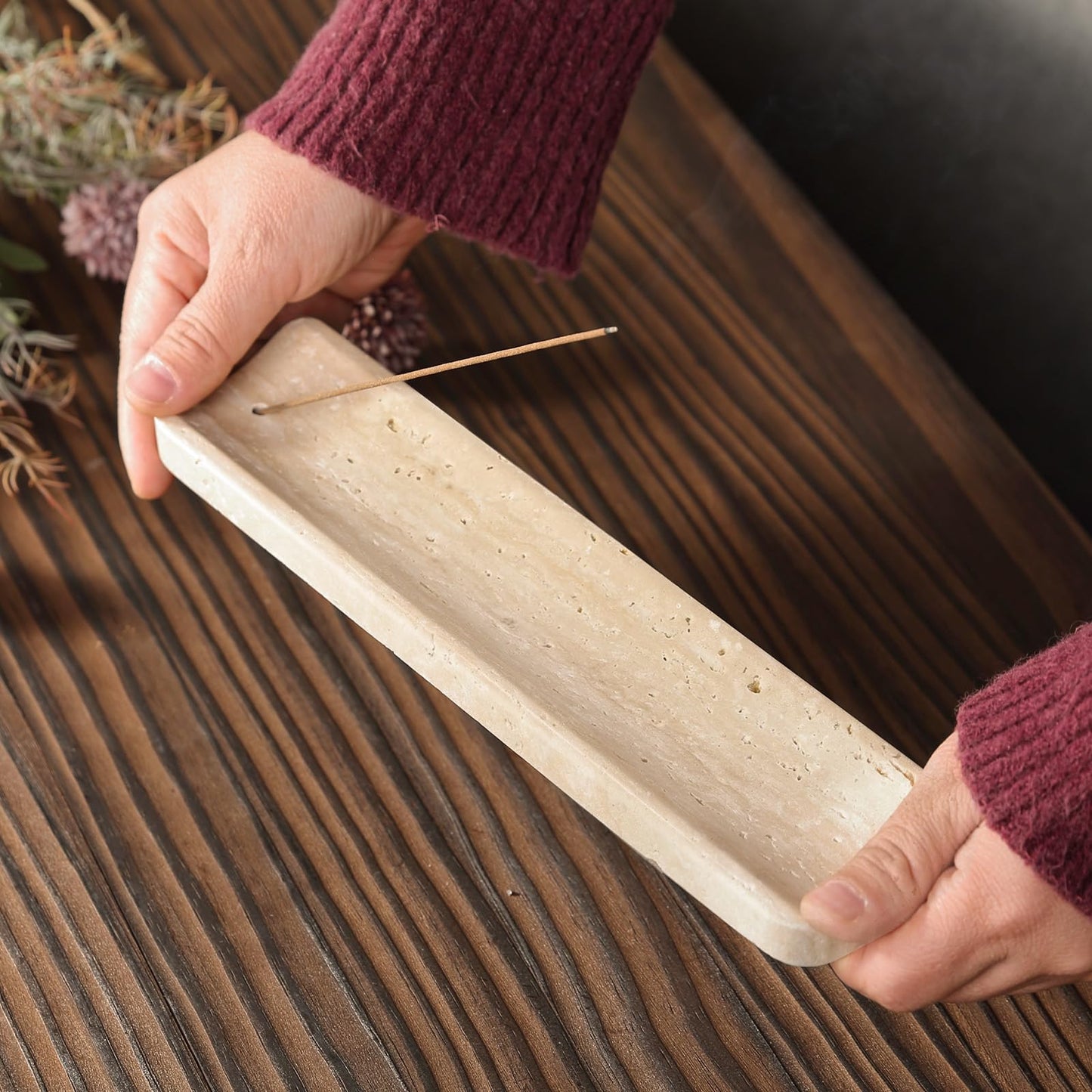 Koville Marble Incense Holder, Incense Holder for Sticks, Incense Sticks Holder Ash Catcher for Meditation Yoga SPA, Natural Stone Incense Burner, Home Table Decor (Travertine)