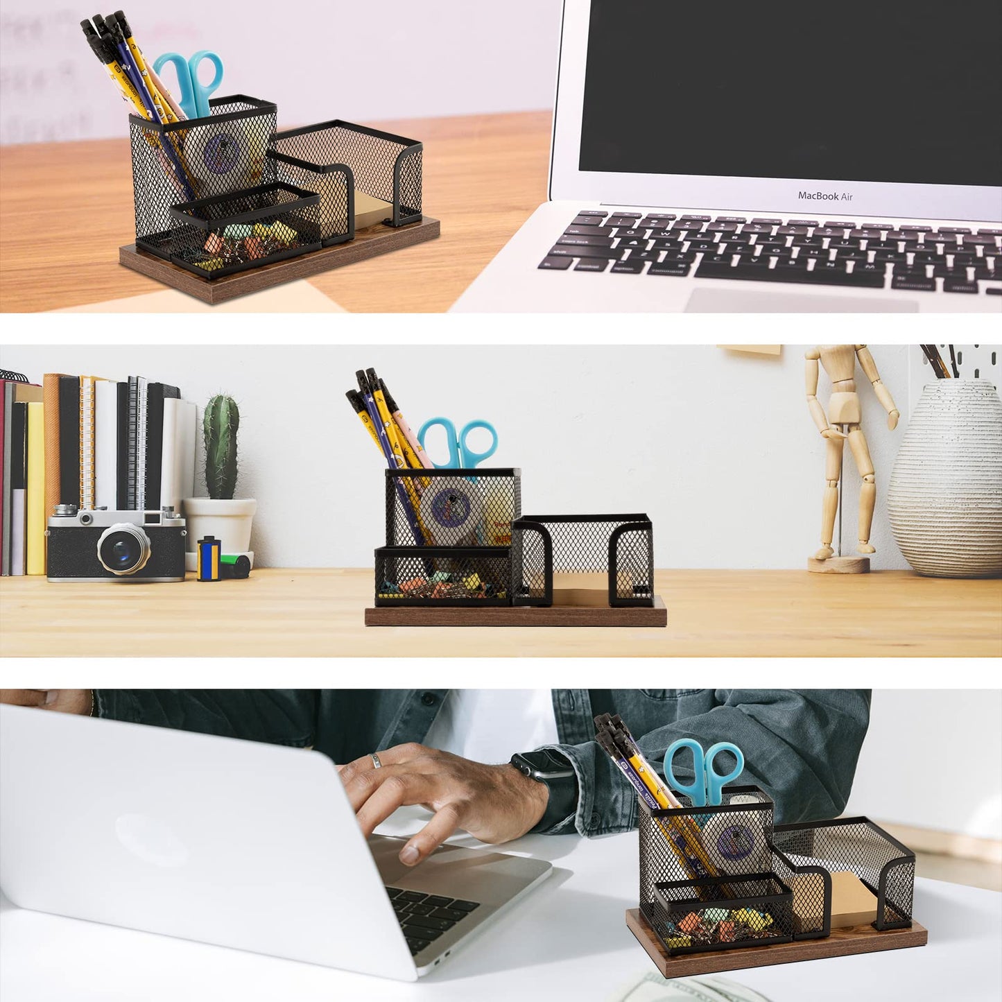 ASIFMTHOT Antique Wood & Mesh Pen Holder Office Supplies Caddy, Storage Baskets for Desktop Accessorieswith Sticky Notes Holder,3 Compartments(2 Pack Black)