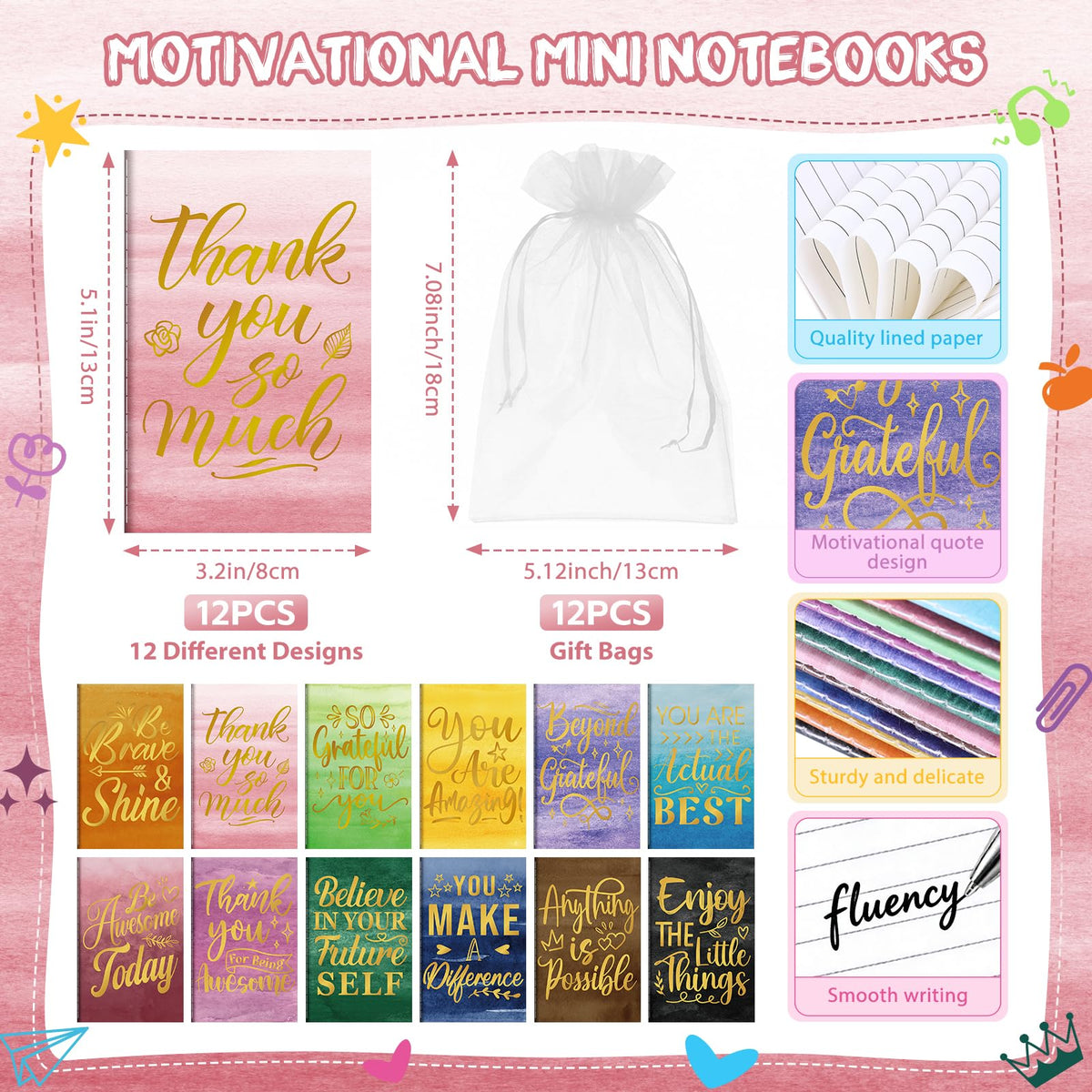 BOBOKA 12 Sets Employee Appreciation Gifts Bulk Motivational Pens Inspirational Notepads, Mini Motivational Notebooks Thank You Gifts for Coworker Teacher Staff Volunteer Nurse Office Supplies