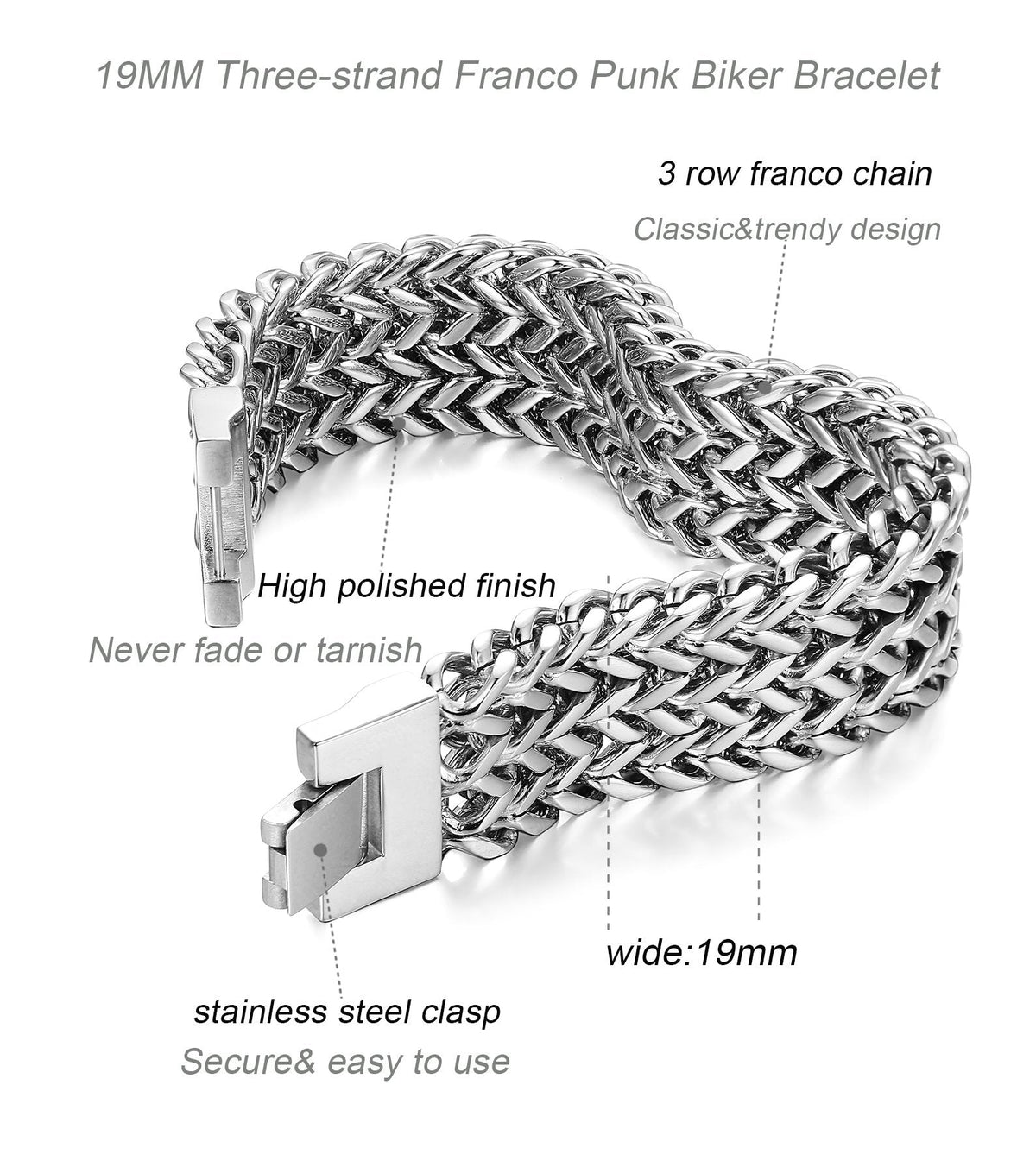 LOYALLOOK Stainless Steel 19MM Cuban Curb Link Chain Men's Bracelets Rock Link Wristband,8.5 Inches