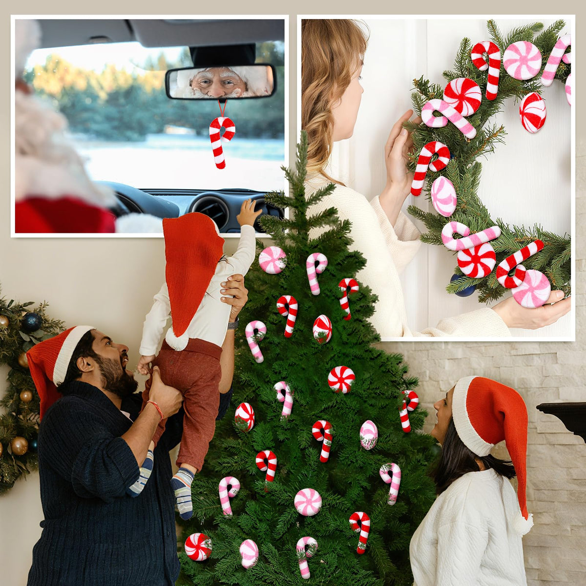 Whaline Christmas Felt Candy Canes Ornament Set Xmas Red Pink White Candy Hanging Decorations with String for DIY Garland Art Crafts Home Party Decor Supplies, 24 Pcs