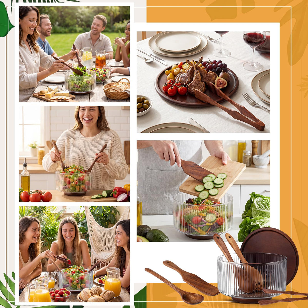 Singhoow Large Ribbed Glass Salad Bowl Set, Party Salad Bowl with Wood Base and Lid as Cheese Charcuterie Board and Plate, Comes with 5 Pieces of Elegant Wood Serving Utensils(9" X 5.9")